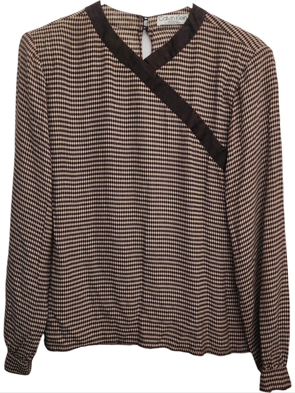 Vintage 80s Calvin Klein Silk Houndstooth Blouse Size 8 Made USA